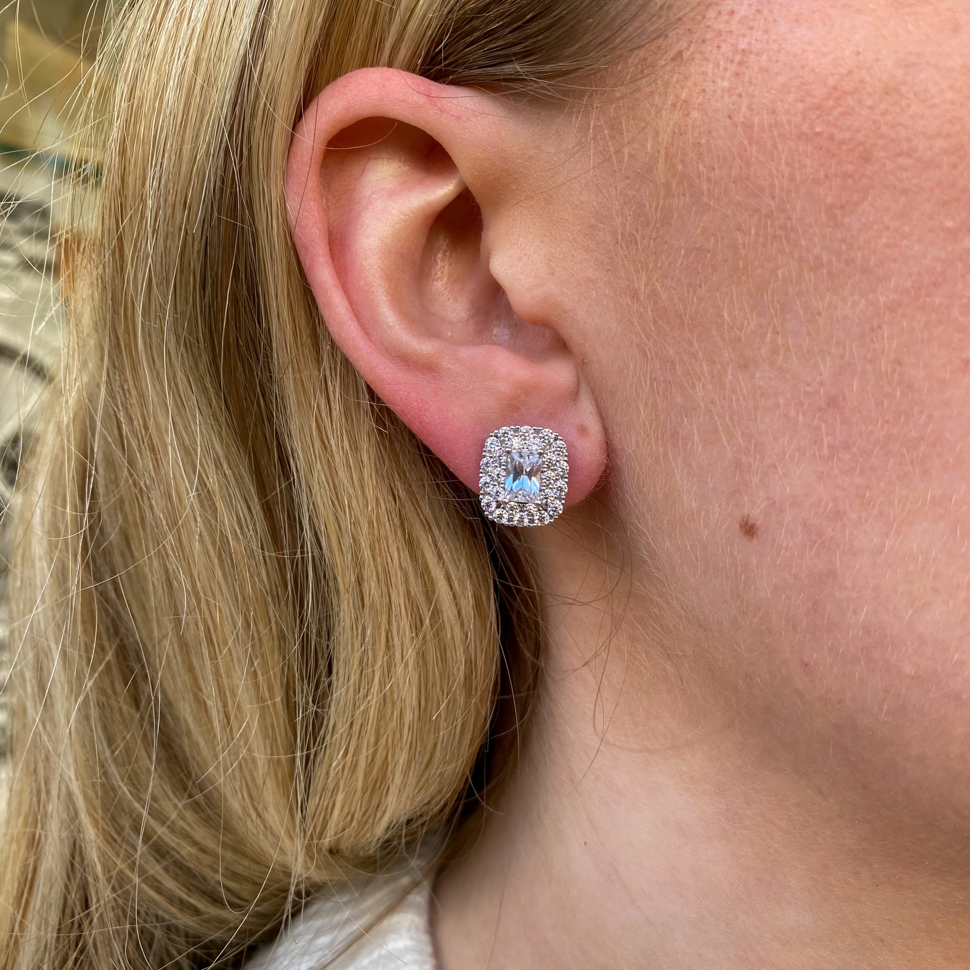 Silver Emerald Cut CZ Double Halo Stud Earrings - John Ross Jewellers