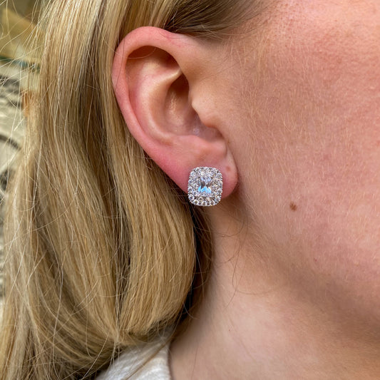 Silver Emerald Cut CZ Double Halo Stud Earrings - John Ross Jewellers