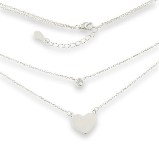 Silver Heart Disc & CZ Double Necklace | 42+3cm - John Ross Jewellers