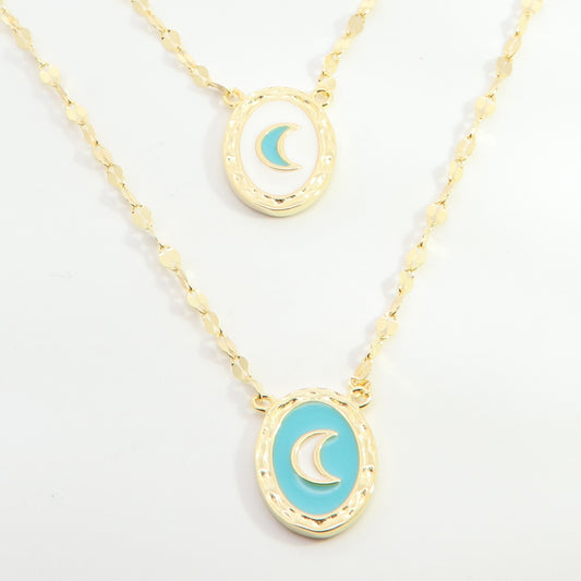 Sunshine Turquoise & White Enamel Crescent Double Disc Necklace | 40-45+5cm - John Ross Jewellers