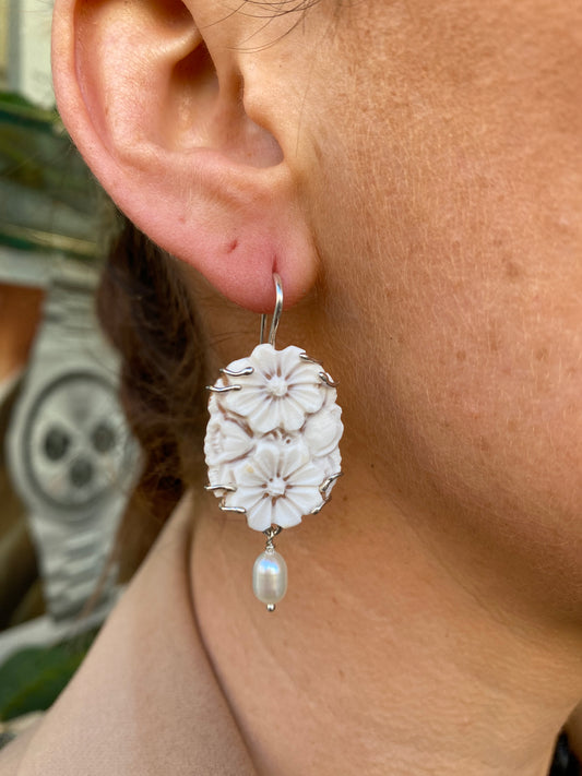 Floral Cameo & Pearl Drop Earrings - Small|Medium