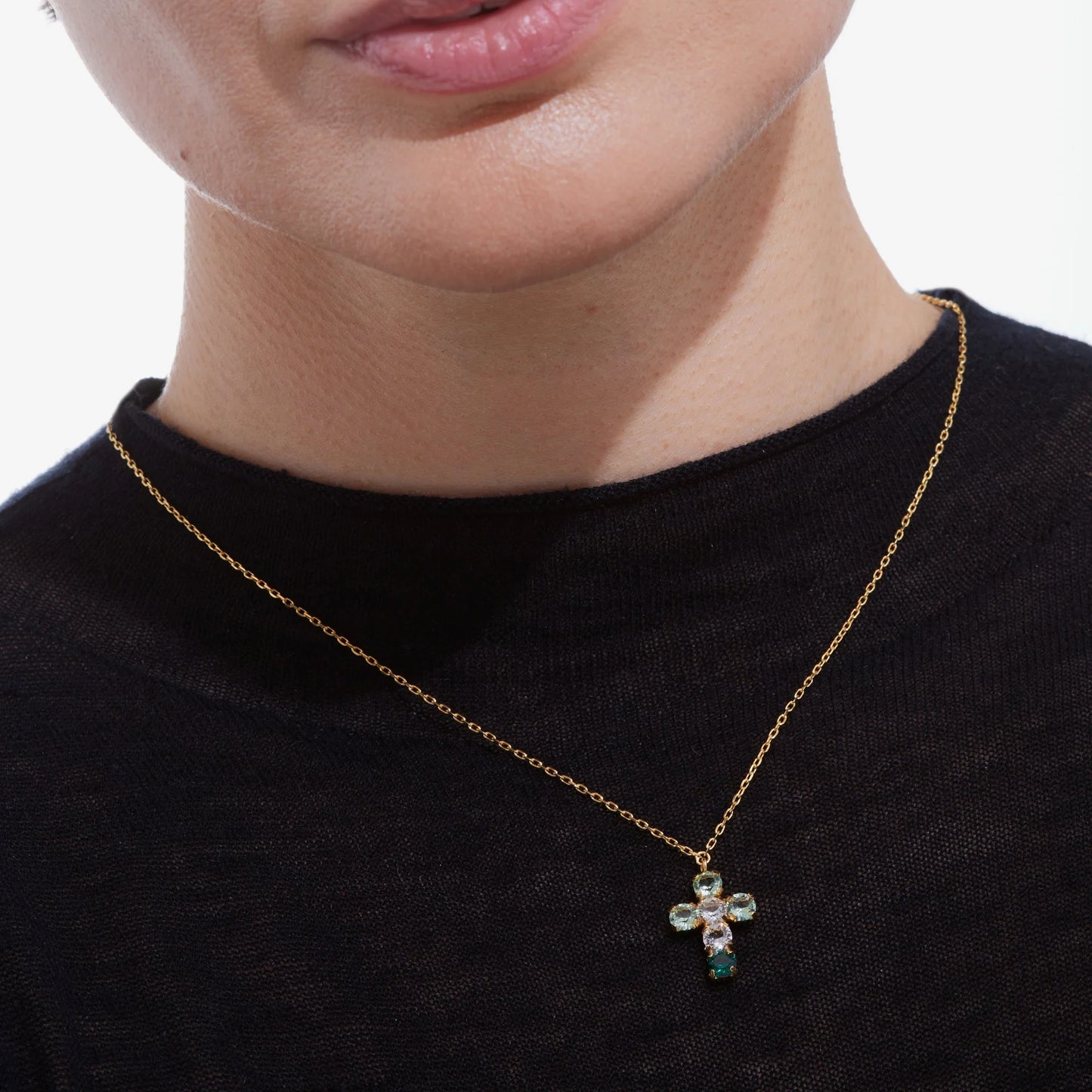 Victoria Cruz Green Duo Cross Necklace