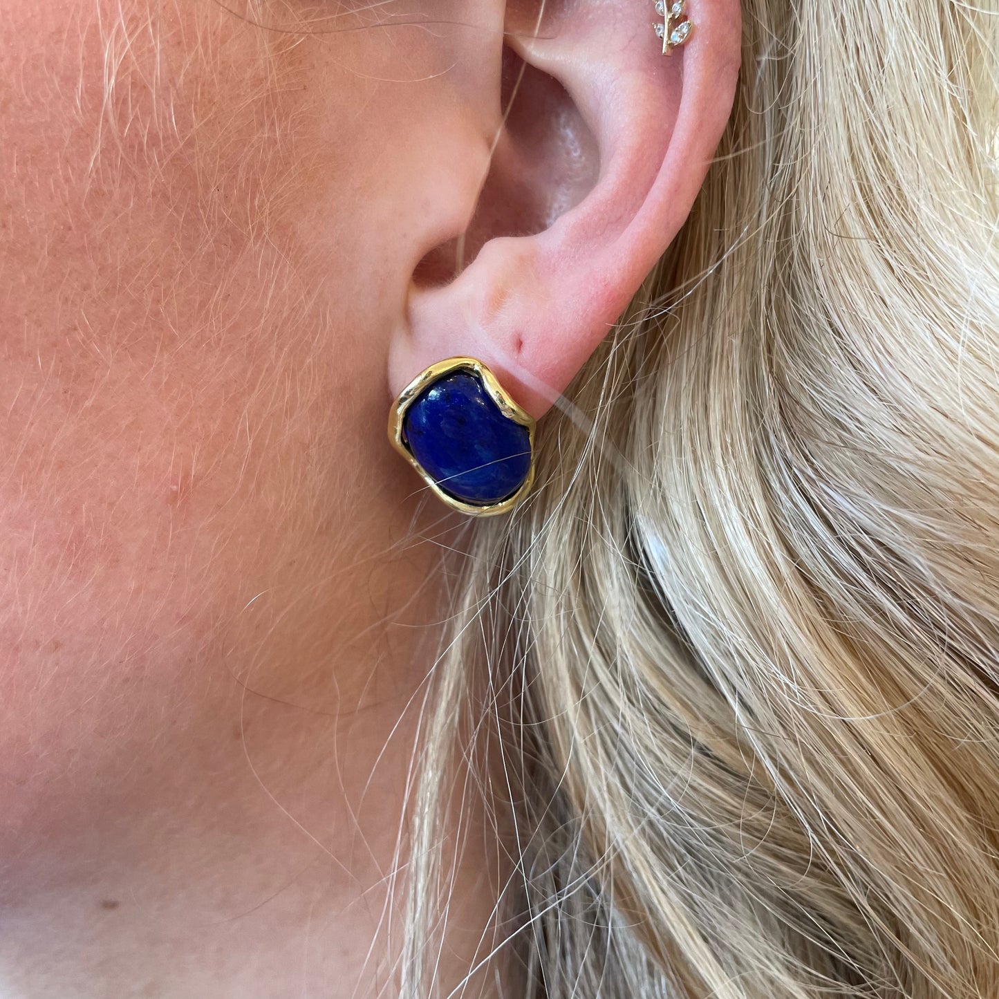 Bruno Baroque Lapis Lazuli stud earrings with 18mm x 14mm irregular oval gemstone designs on a silver setting.
