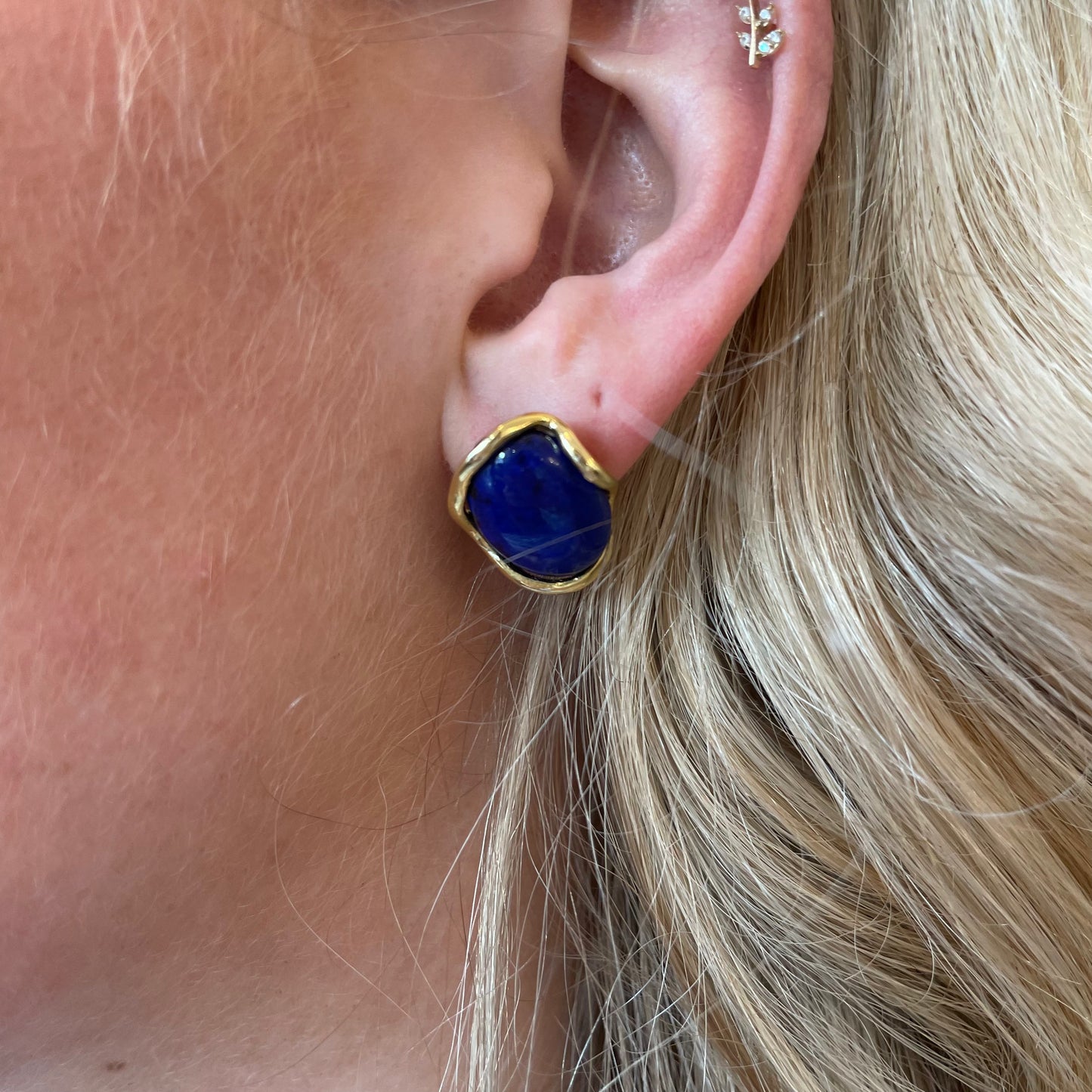 Bruno Baroque Lapis Lazuli stud earrings with 18mm x 14mm irregular blue gemstone designs on a silver setting