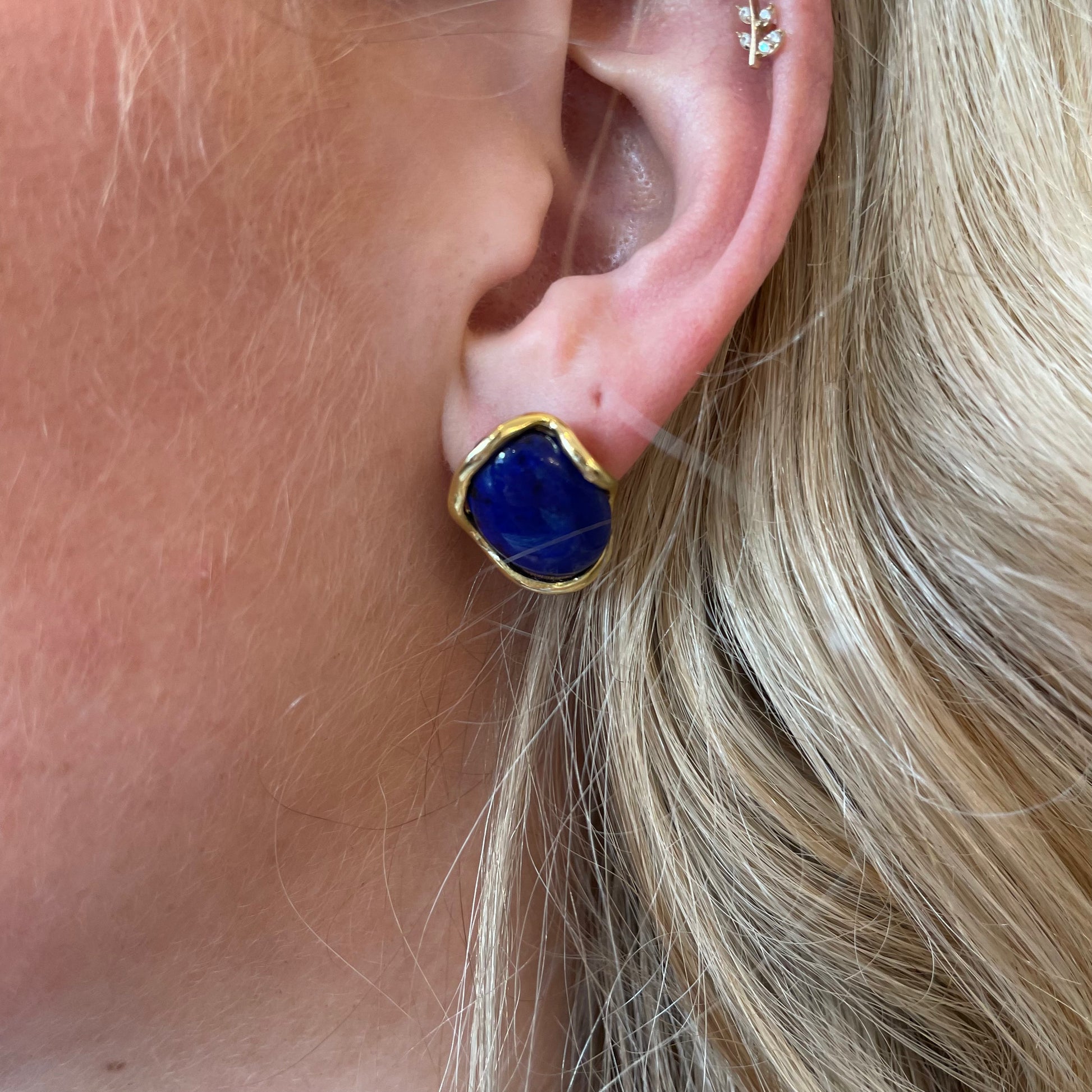 Bruno Baroque Lapis Lazuli stud earrings with 18mm x 14mm irregular blue gemstone designs on a silver setting