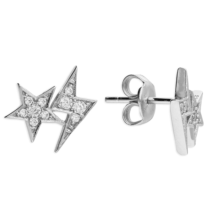 Silver CZ Lightning Star Stud Earrings