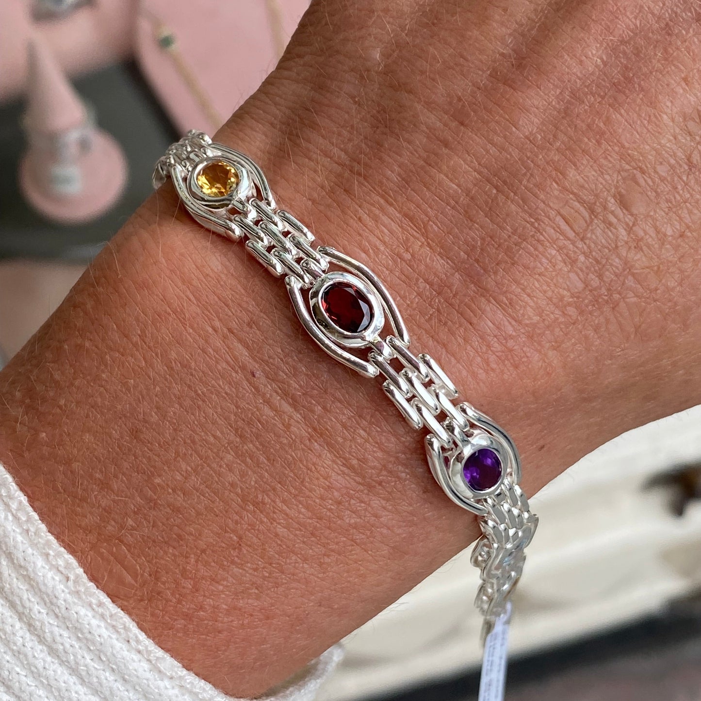 Herbert silver mixed gemstone gate bracelet with colorful stones, 7.5 inches, showcasing a stylish and elegant jewelry design.