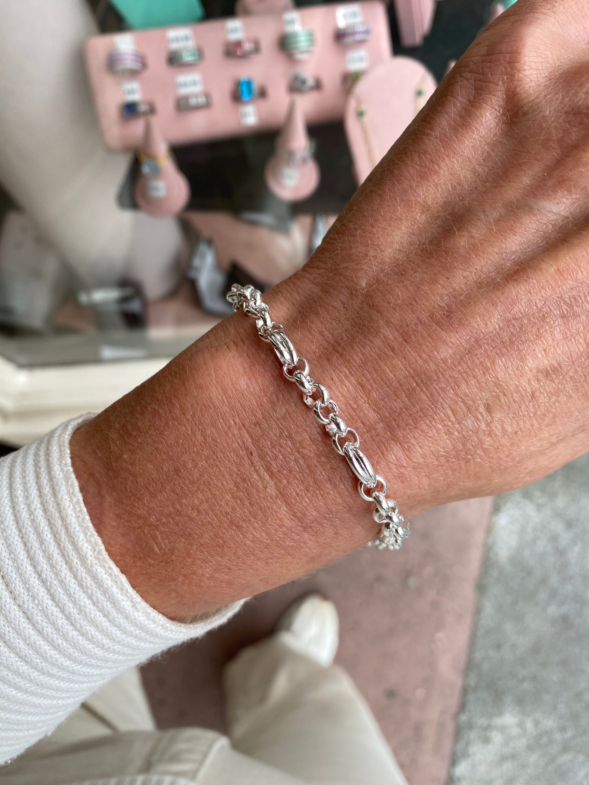 Herbert silver belcher and double link bracelet, 7.5 inches, showcasing shiny interconnected chain links on a plain background.