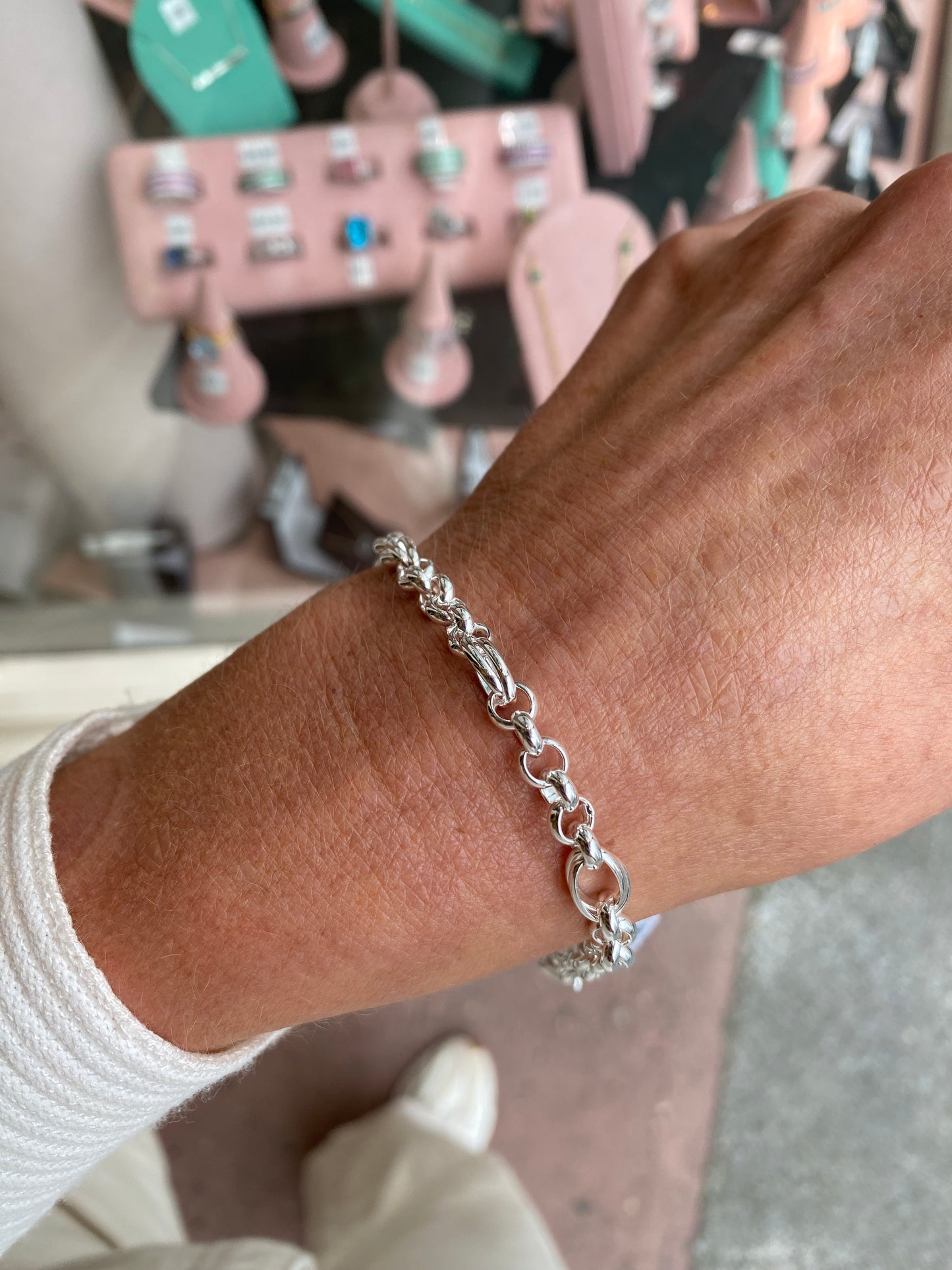 Silver Belcher and Double Link Bracelet by Herbert, 7.5-inch length, featuring intertwined chain links on a sleek bracelet.