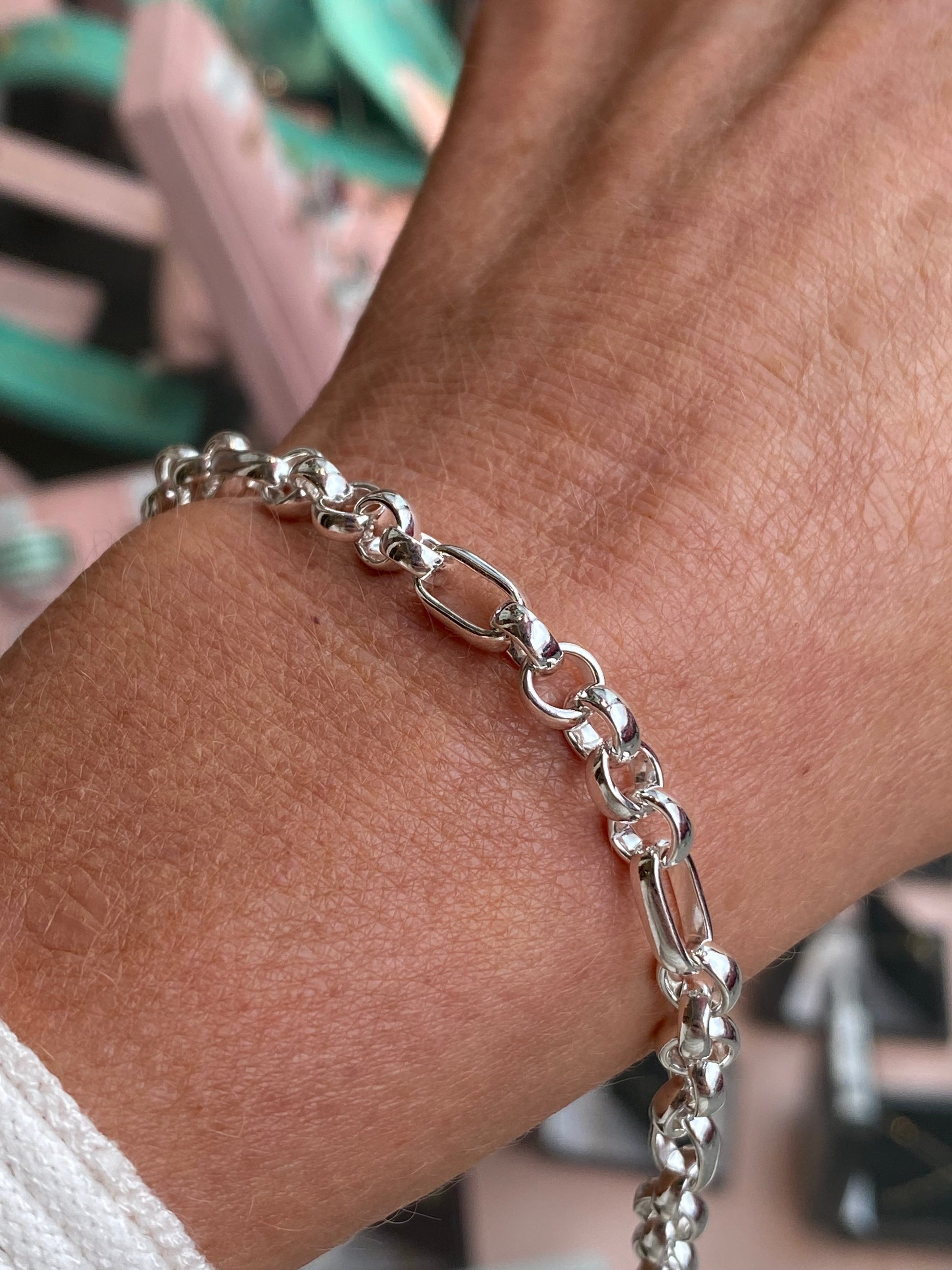 Silver Herbert belcher and long link bracelet, 7.5 inches, featuring polished silver links with a secure clasp.