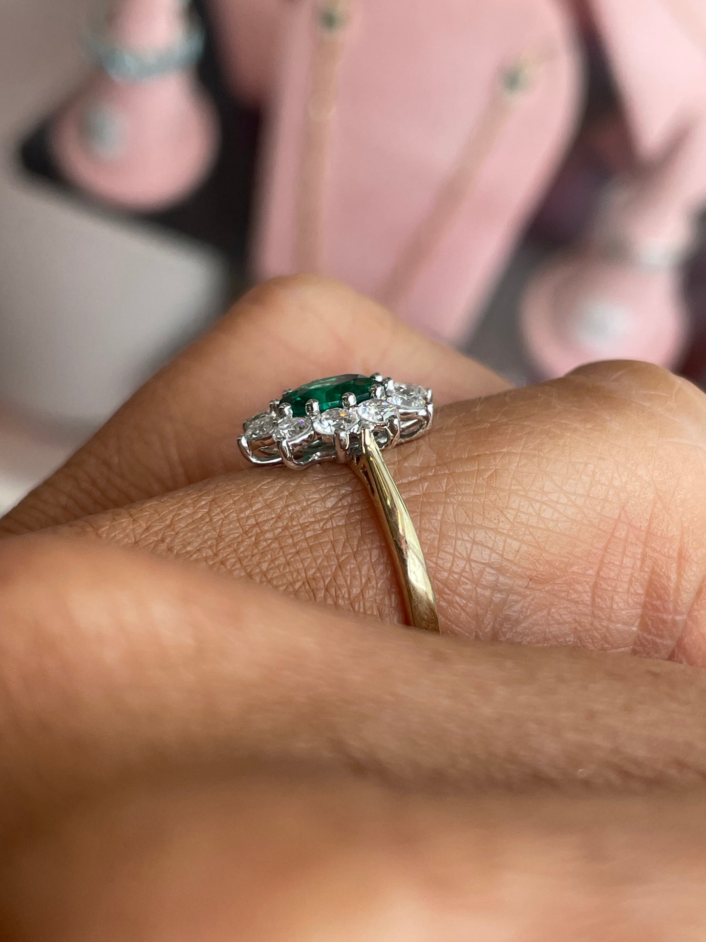 9ct gold lab-grown oval cluster ring with emeralds, featuring a 5x7mm oval centerpiece, by PJD.