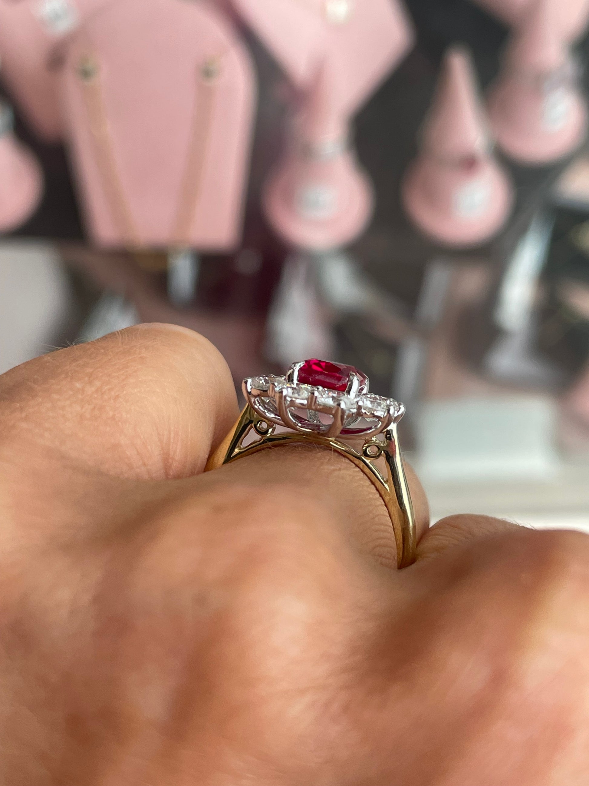 9ct gold lab-grown ruby cluster ring featuring a vibrant ruby gemstone design, crafted by TCA in a stylish ring setting.