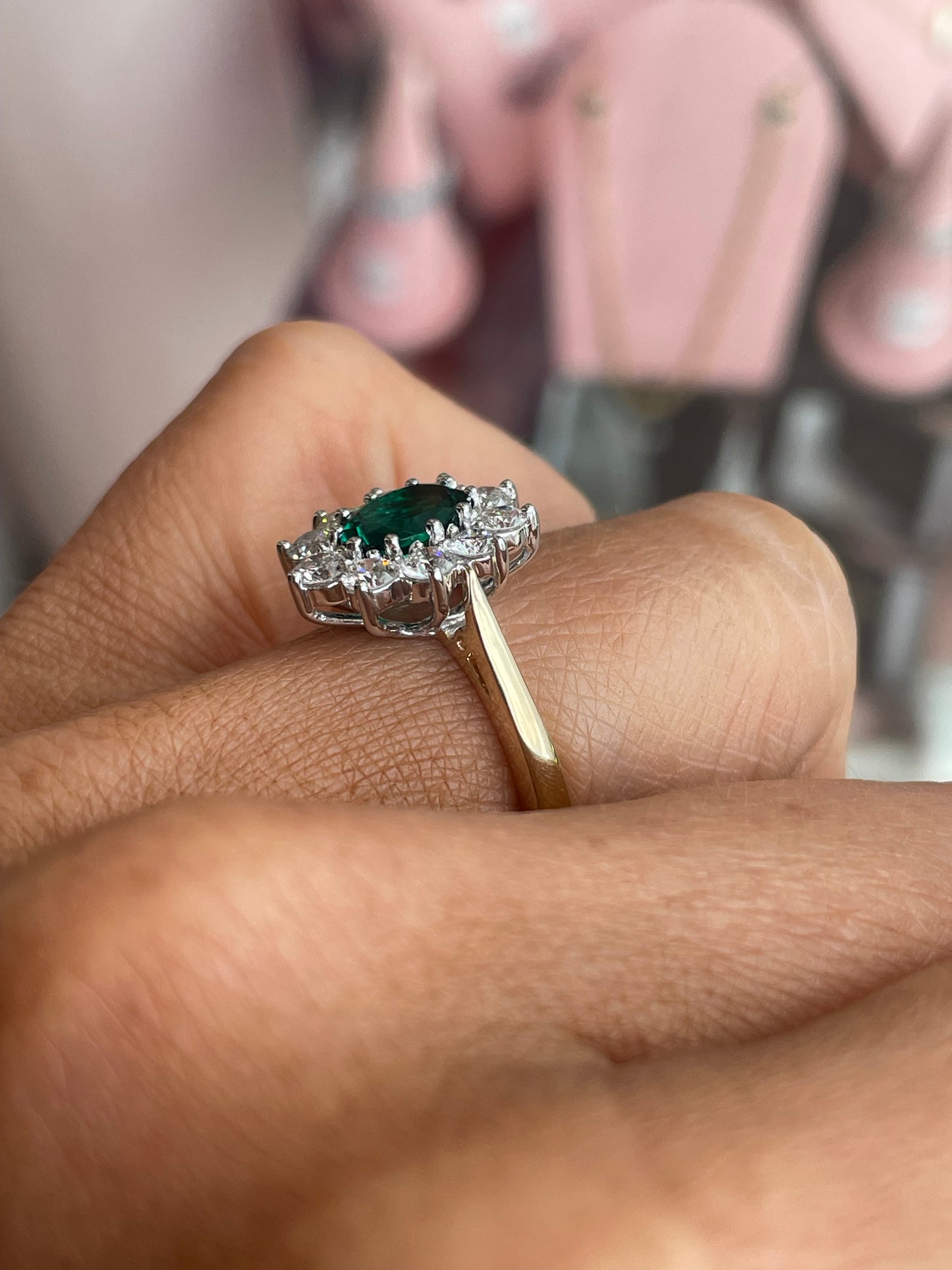 9ct gold lab-grown oval cluster ring with emeralds, featuring a 6x8mm stone setting, by PJD.