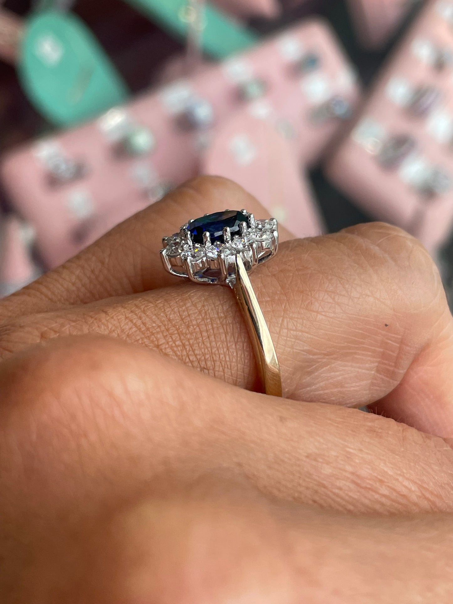 9ct gold lab-grown oval sapphire cluster ring with 6x8mm stones, elegant and sparkling jewelry by PJD.