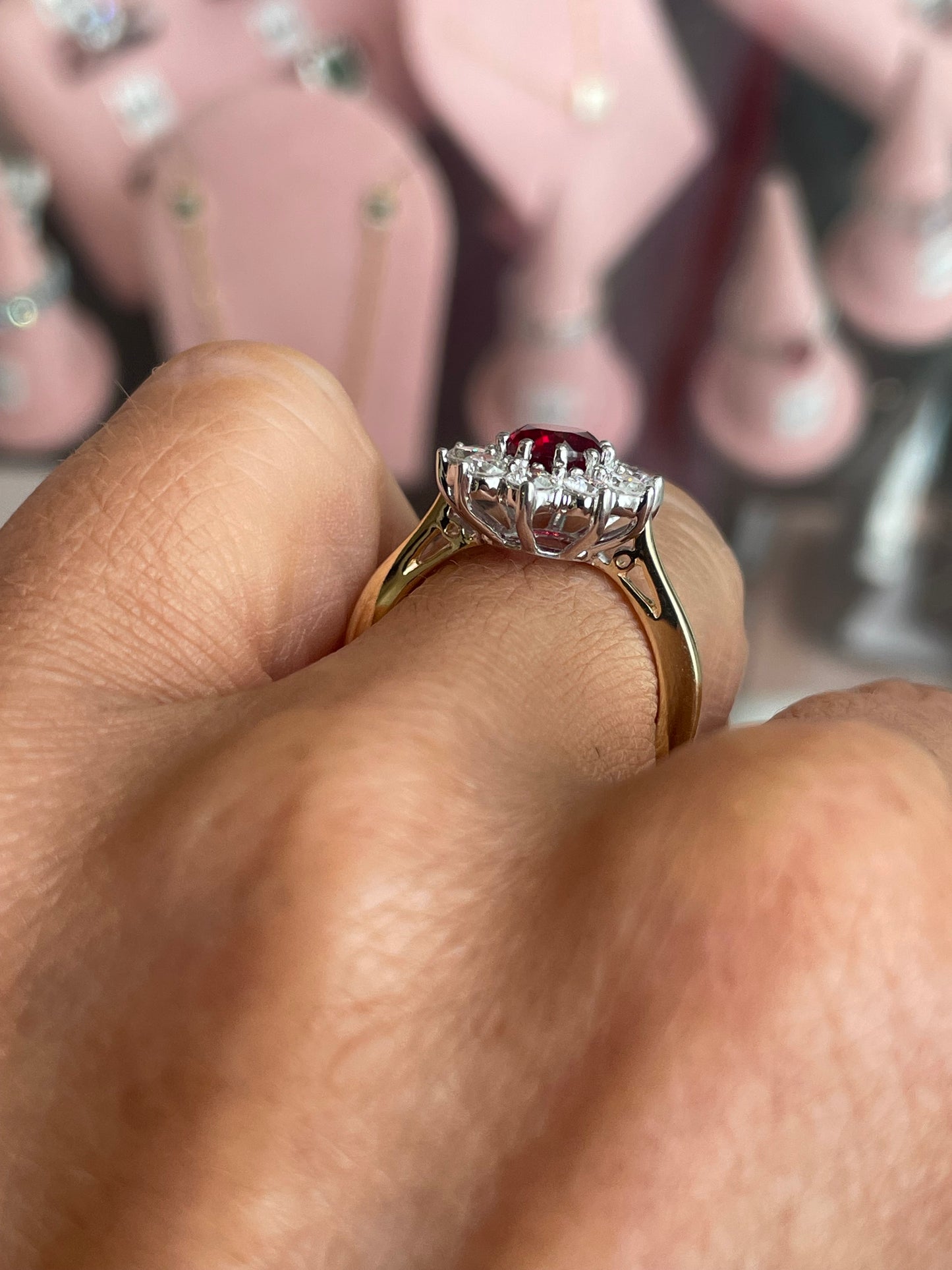 9ct gold lab-grown oval cluster ring with ruby stones, featuring a elegant design and detailed craftsmanship by PJD.
