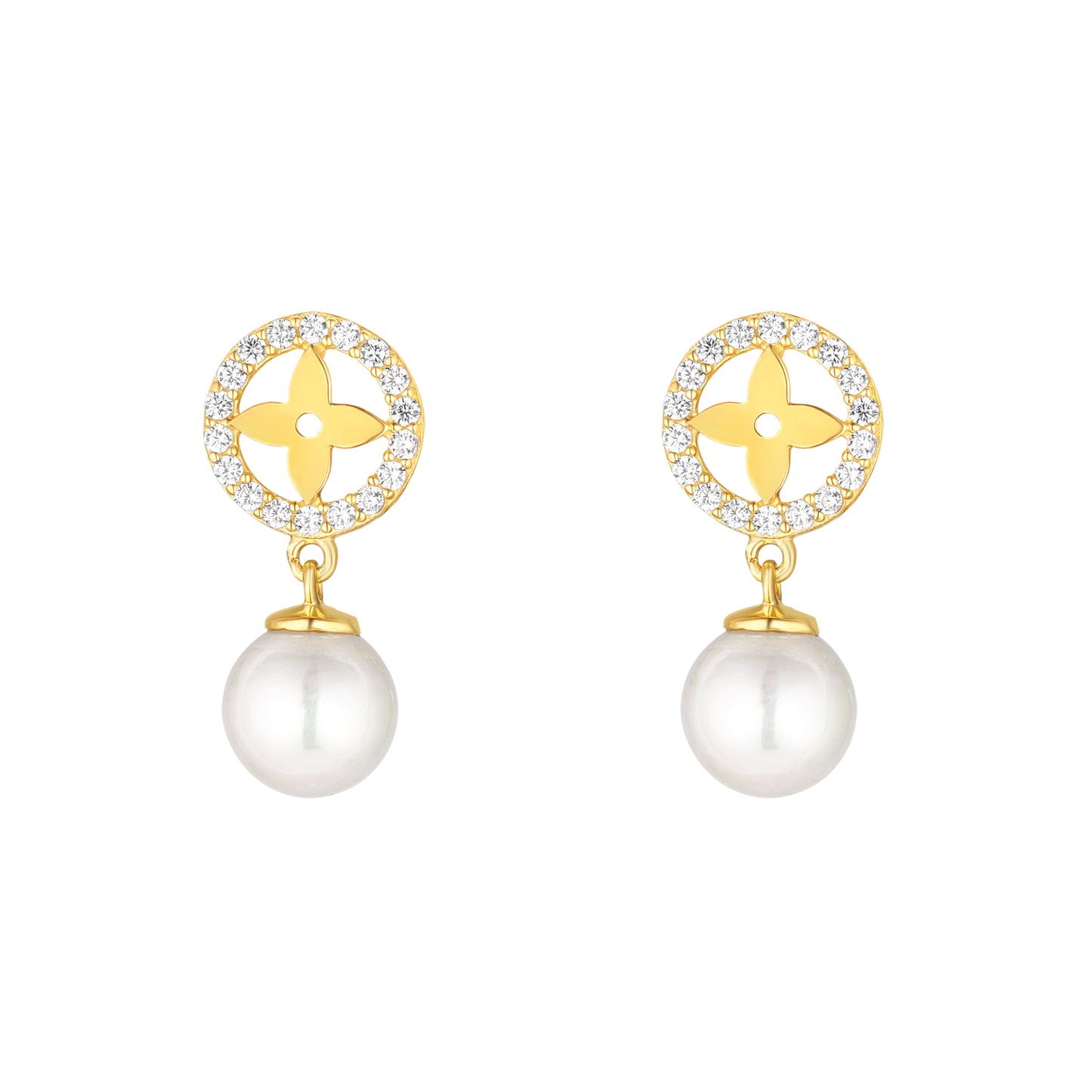 9ct Gold CZ Four Pointed Star & Pearl Drop Earrings