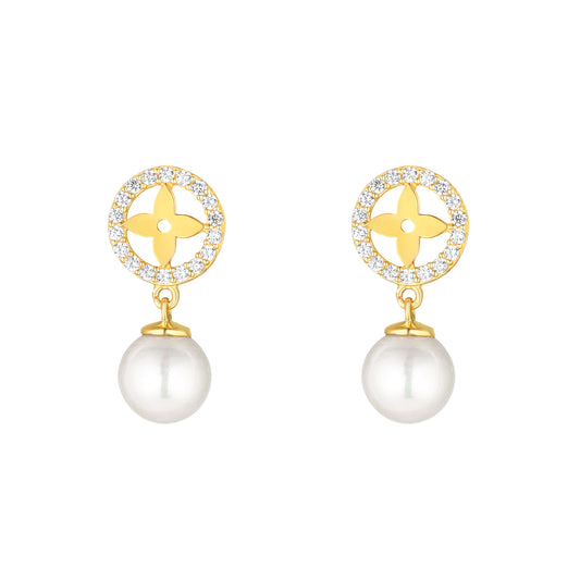 9ct Gold CZ Four Pointed Star & Pearl Drop Earrings