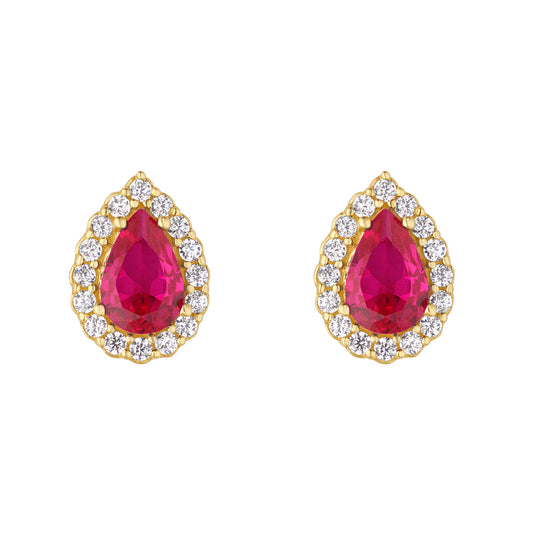 9ct Gold Created Ruby & CZ Halo Pear Stud Earrings