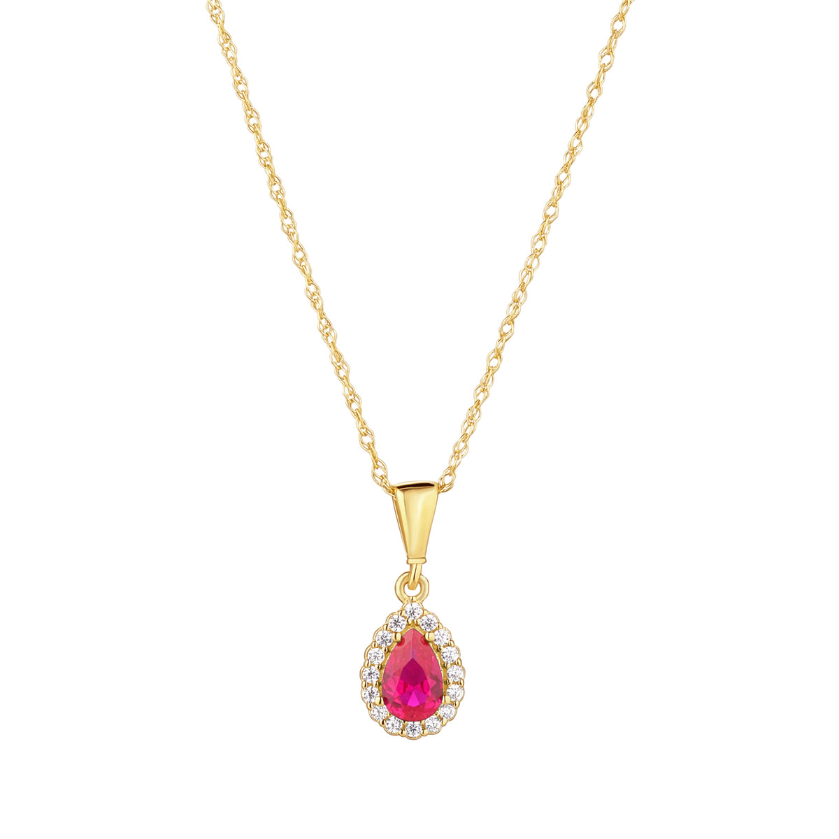 9ct Gold Created Ruby & CZ Halo Pear Necklace