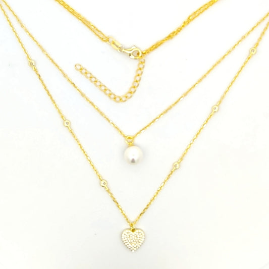 Sunshine Pearl & CZ Heart Double Necklace