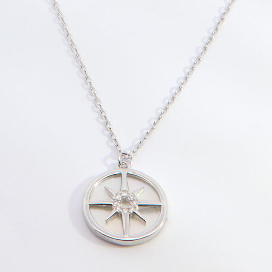 Silver Mother of Pearl Compass Disc Necklace | 42+3cm - John Ross Jewellers