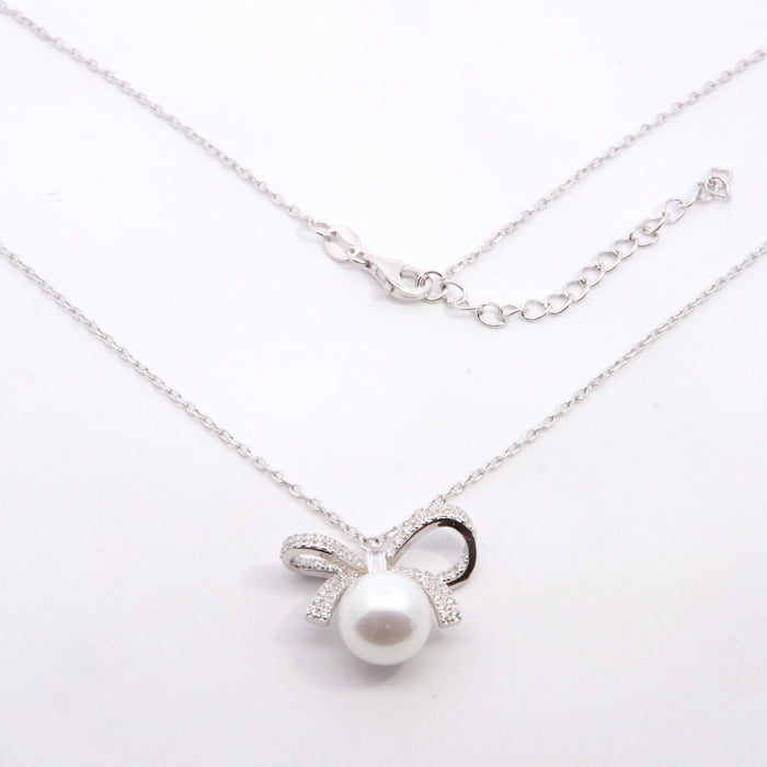 Silver Pearl & CZ Bow Necklace