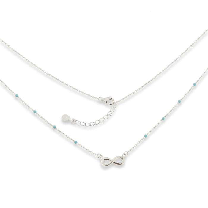 Silver synthetic turquoise infinity necklace by Comero, featuring a delicate design and an adjustable length of 42+3cm.