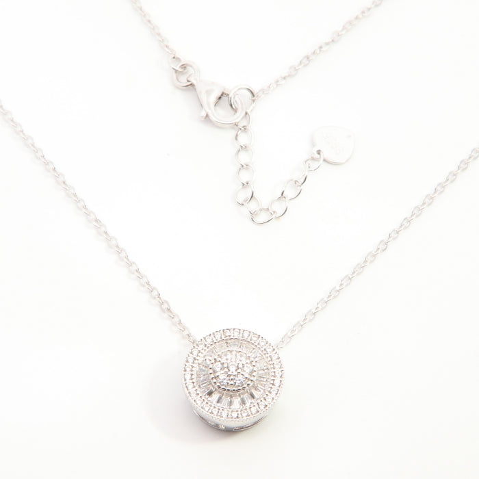 Silver CZ halo cluster necklace with baguette stones, featuring a sparkling pendant from Comero.