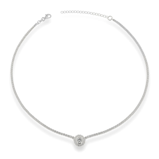Silver Round Halo Centrepiece Choker Tennis Necklace | 34.5+5cm - John Ross Jewellers