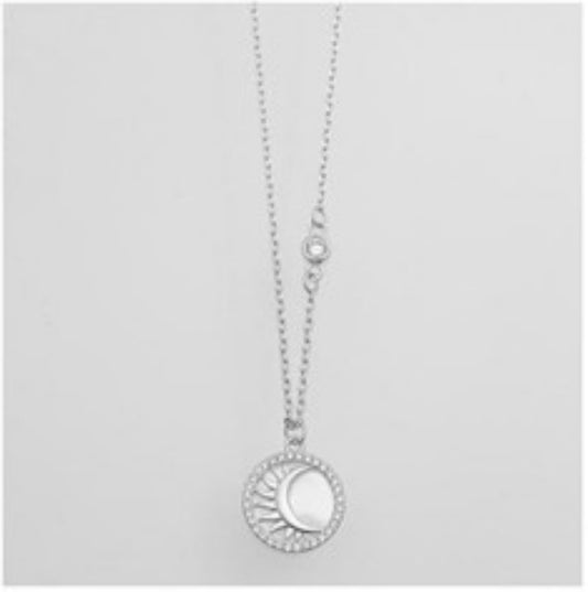 Silver Mother of Pearl Crescent Moon Disc Necklace | 42+3cm - John Ross Jewellers