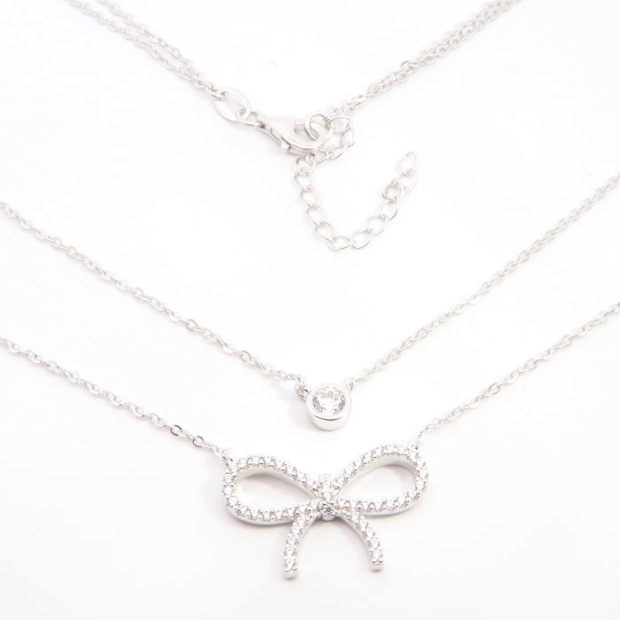Silver Pretty CZ Bow Double Necklace - John Ross Jewellers