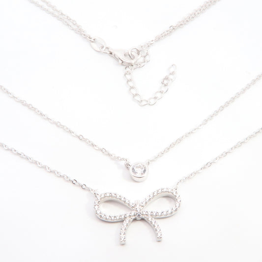 Silver Pretty CZ Bow Double Necklace - John Ross Jewellers