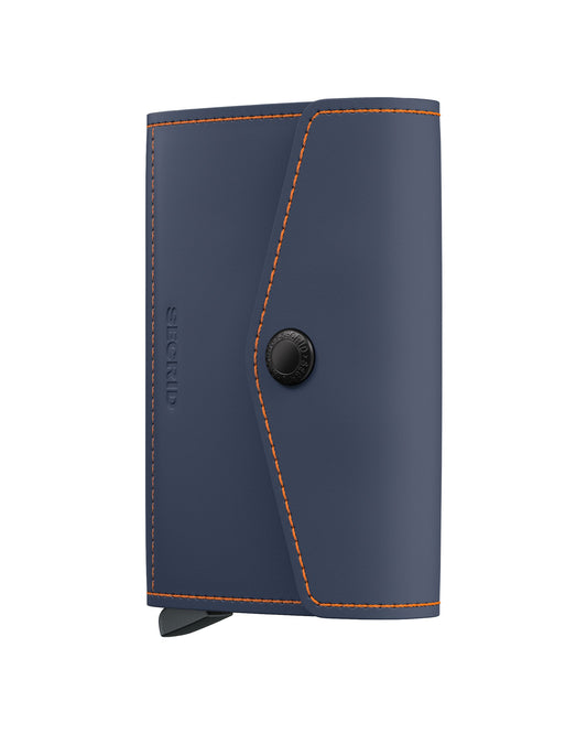 Secrid Envelope matte wallet in night blue and orange with a sleek, modern design and front view highlighting color contrast.