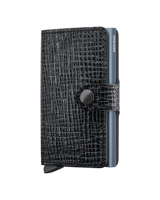 SECRID Miniwallet Palmellato Black wallet with textured black leather and titanium accents, front view showing compact design.