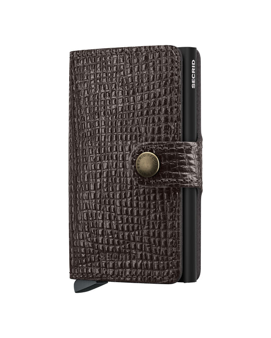 SECRID Miniwallet Palmellato Brown wallet with textured leather finish, front view showing compact design and rich brown color.