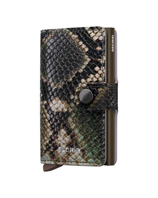 Secrid Miniwallet Serpent Green with textured green leather and metal cardholder, featuring a sleek, compact design.