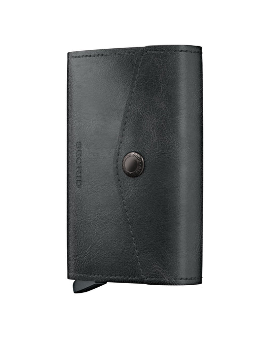Secrid Vintage Envelope Wallet in black with a sleek design and front flap, showcasing its compact and stylish wallet style.