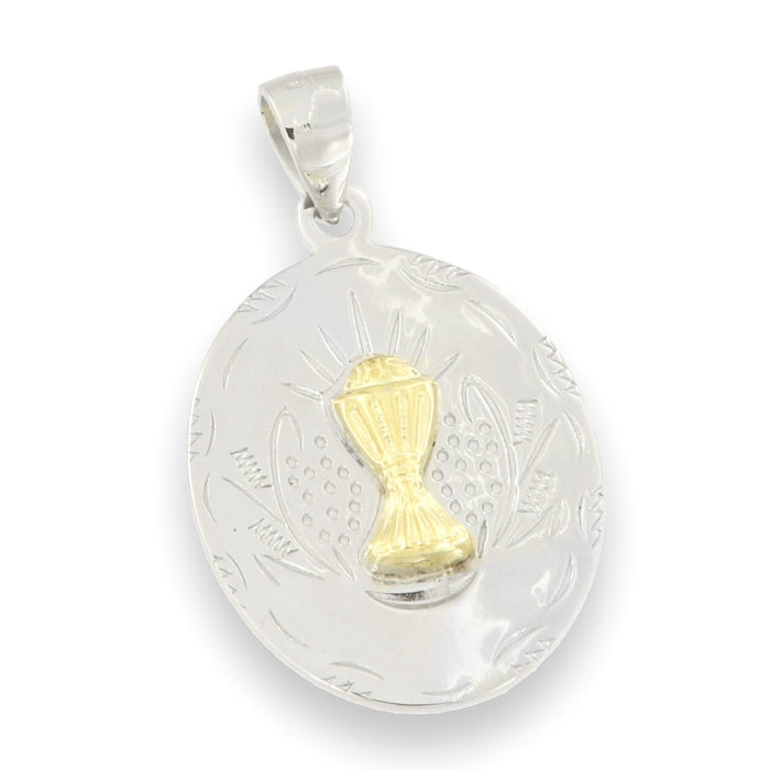 Silver two-tone oval communion medal necklace by Comero, 18-inch chain with detailed religious pendant.