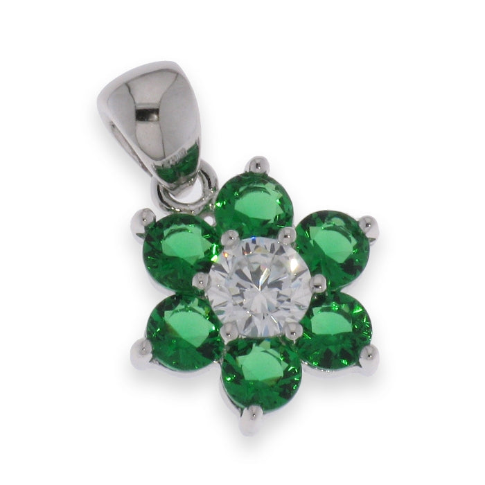 Silver flower cluster CZ pendant necklace with emerald green accents, 18-inch length, by Comero.