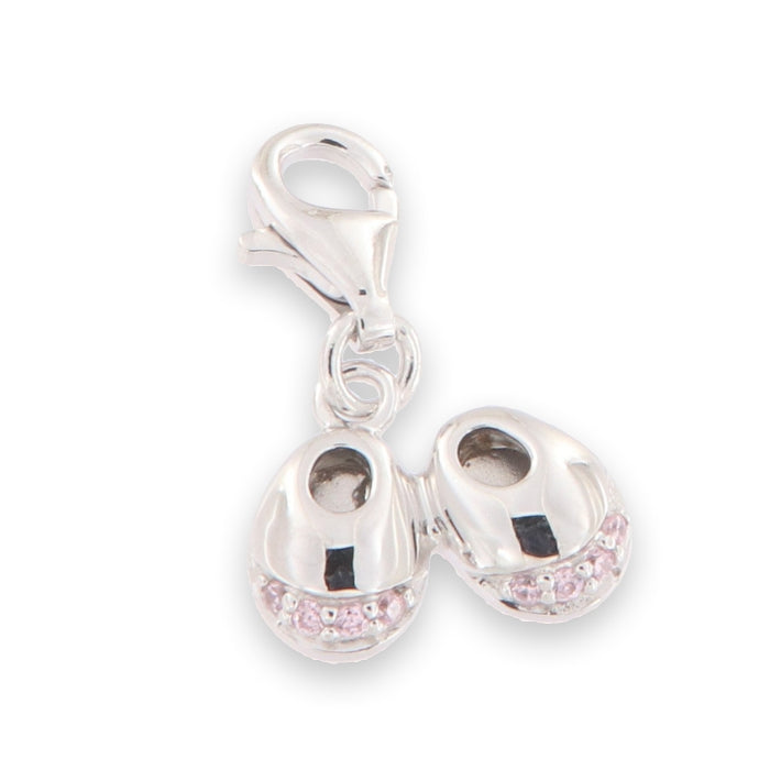 Silver Pink CZ Baby Booties Clip On Charm