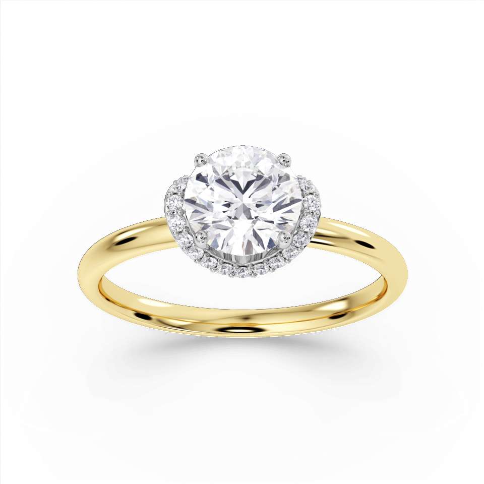 18ct gold chevron halo solitaire engagement ring with 1.01ct certified lab diamond by Domino, showcasing elegant design and craftsmanship.