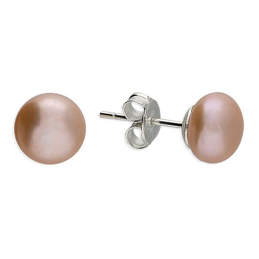 Silver Light Peach Freshwater Pearl 8mm Button Stud Earrings - John Ross Jewellers