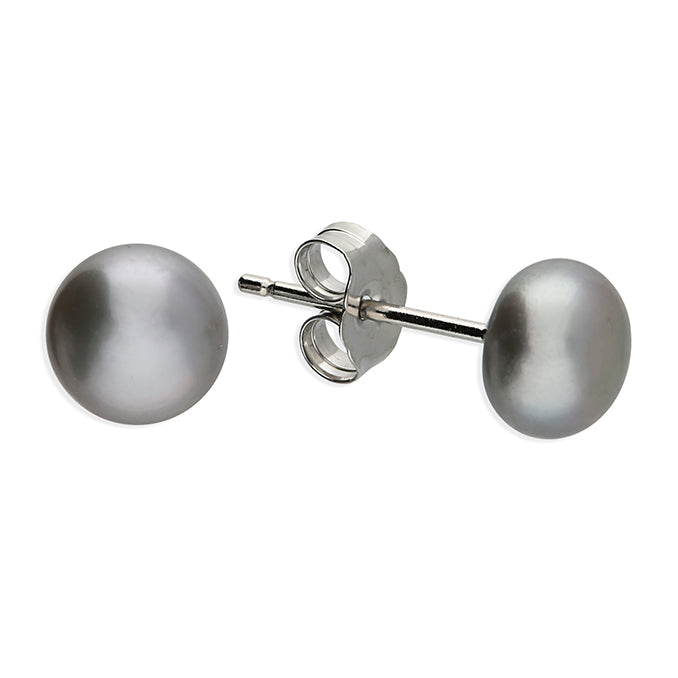 Silver Light Grey Freshwater Pearl 8mm Button Stud Earrings - John Ross Jewellers