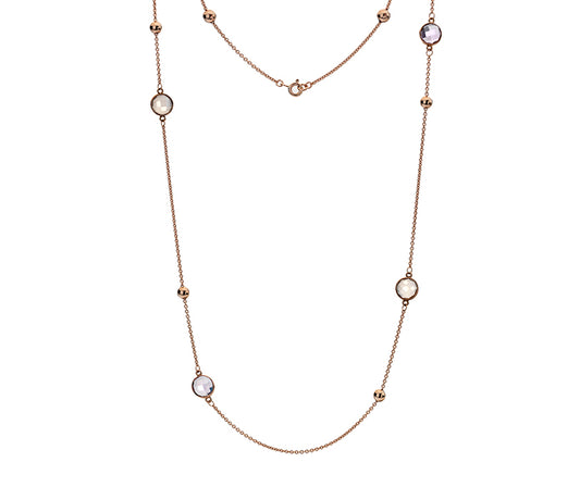 9ct Rose Gold Pink Amethyst, Moonstone & Quartz Long Necklace