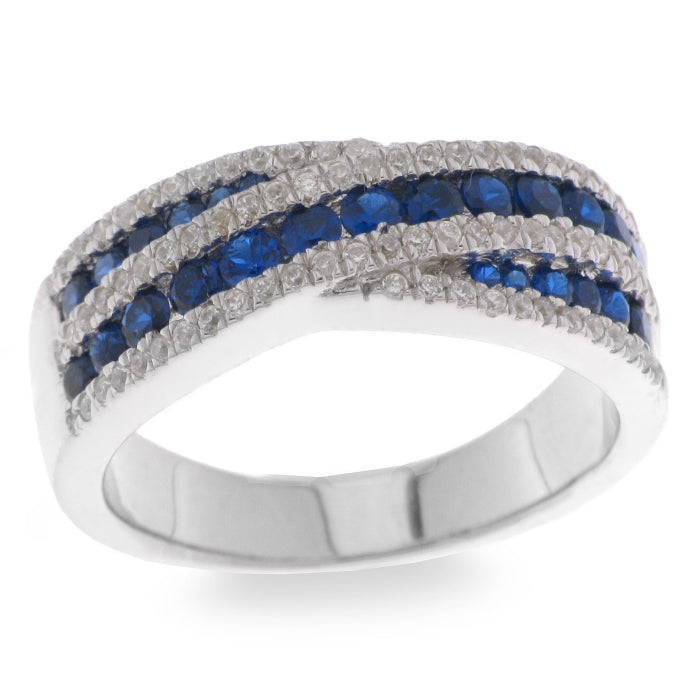 Silver CZ Crossover Ring | Sapphire Blue