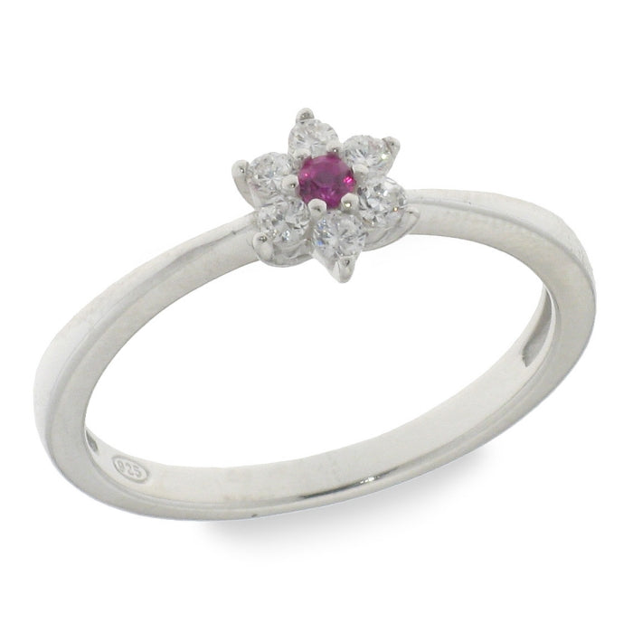 Silver Pretty CZ Flower Ring | Ruby Red