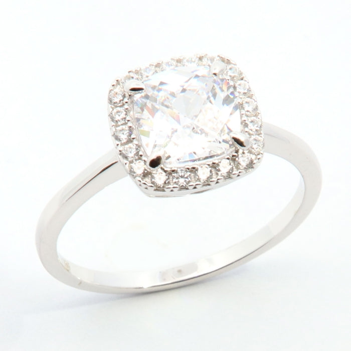 Silver Cushion Halo CZ Ring