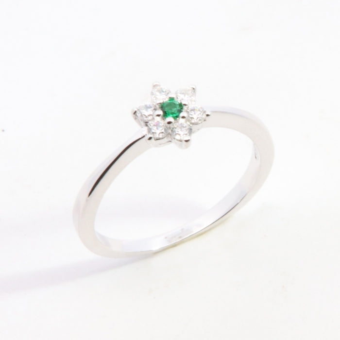 Silver Pretty CZ Flower Ring | Emerald Green