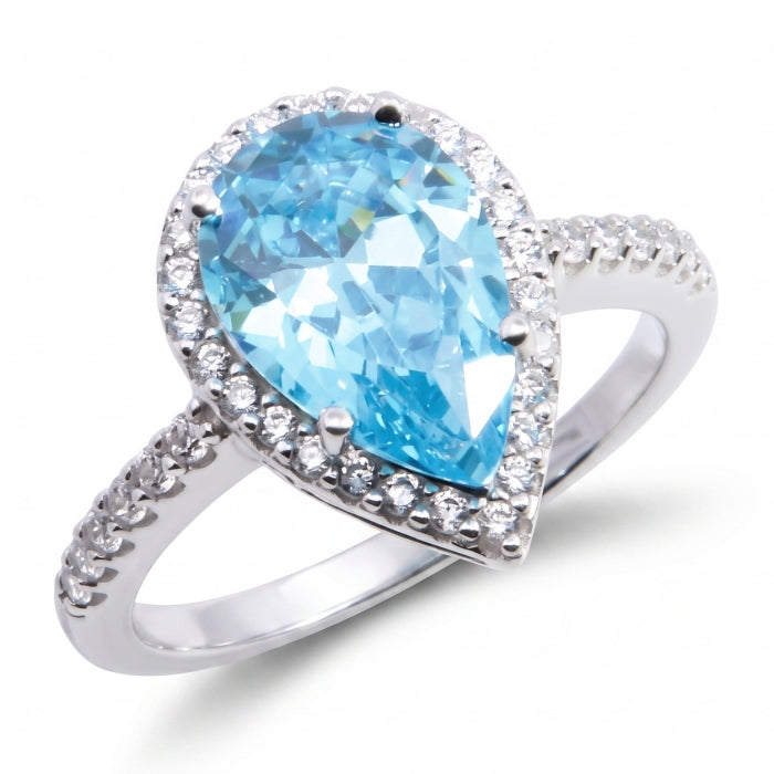 Silver Pear CZ Halo Solitaire Ring | Swiss Blue