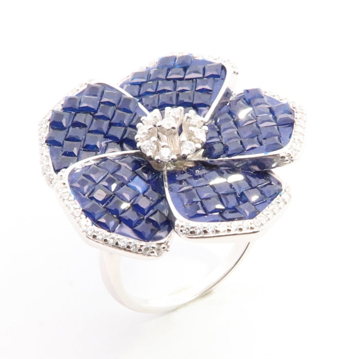 Silver CZ Statement Flower Ring | Sapphire Ring